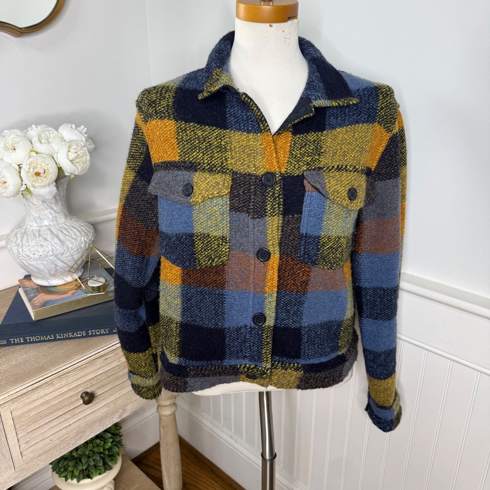House of Harlow 1960 Plaid Wool Blend Cropped Shacket Jacket Navy Yellow Small